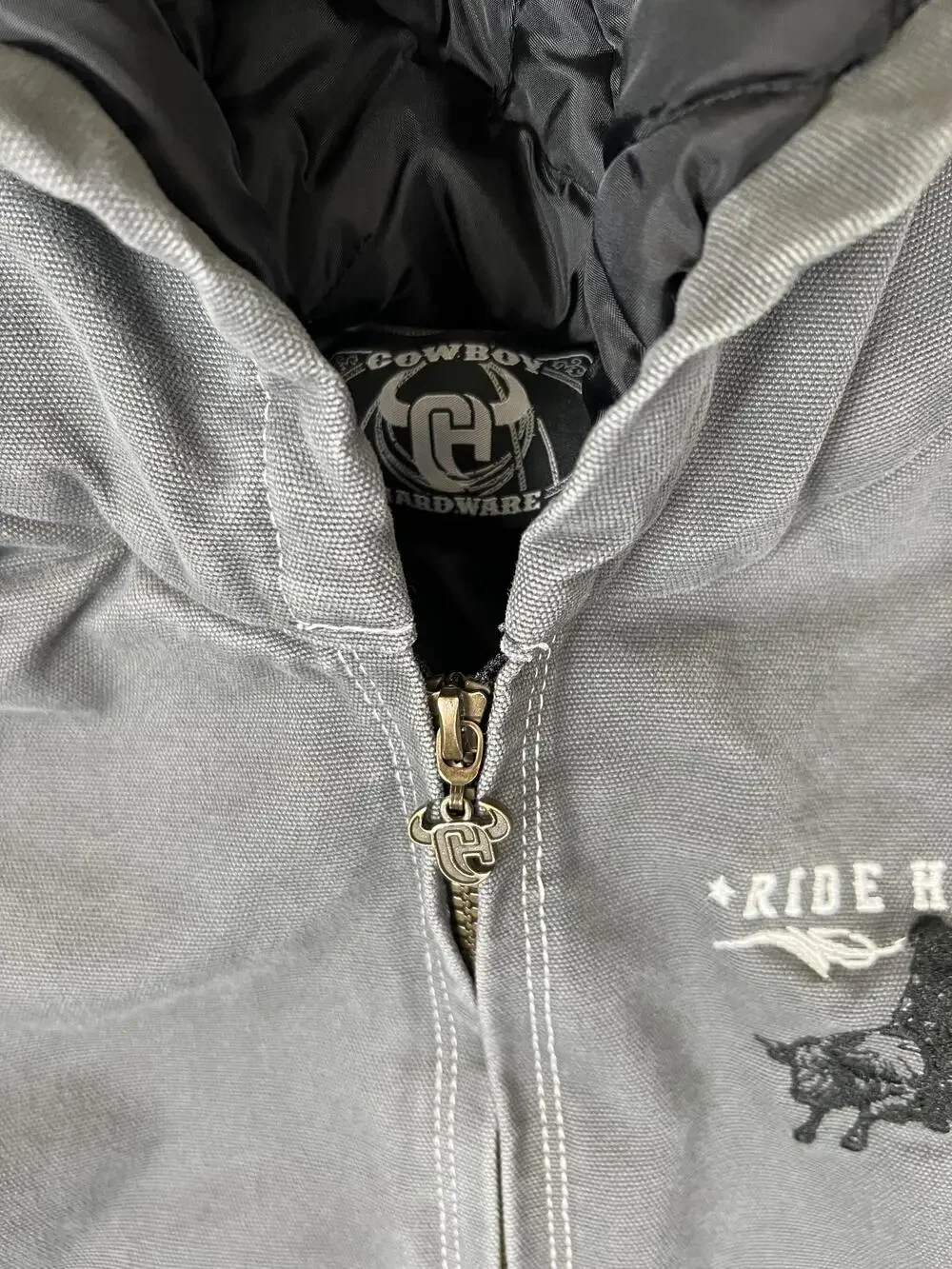 Cowboy Hardware Jacket Boys Medium Gray Ride Hard Western Hooded Canvas Bomber